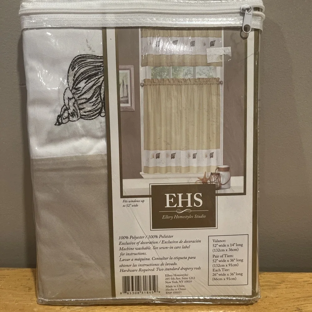 Ellery‎ Homestyles 36 inch Tiers Valance Curtain Set Embroidered Seashells Beach